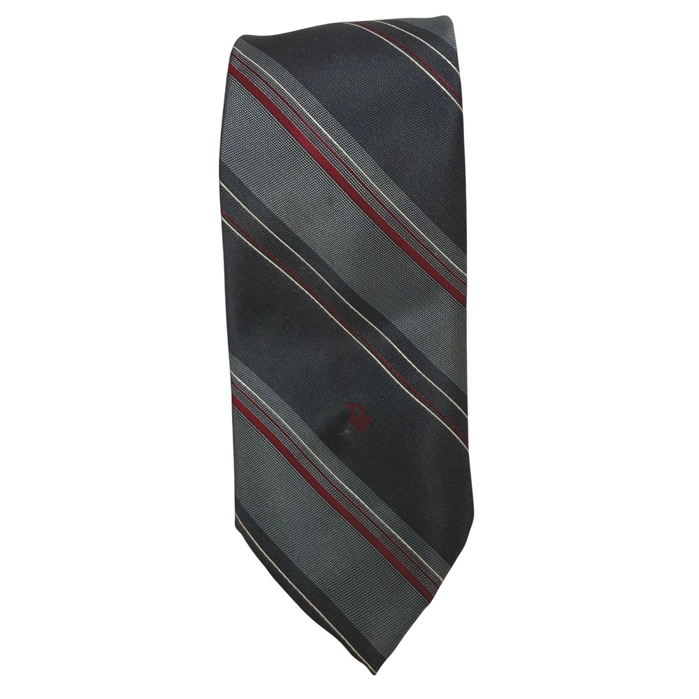 Vintage Christian Dior Necktie 3.5in Wide Striped Navy Red Logo Mens Tie